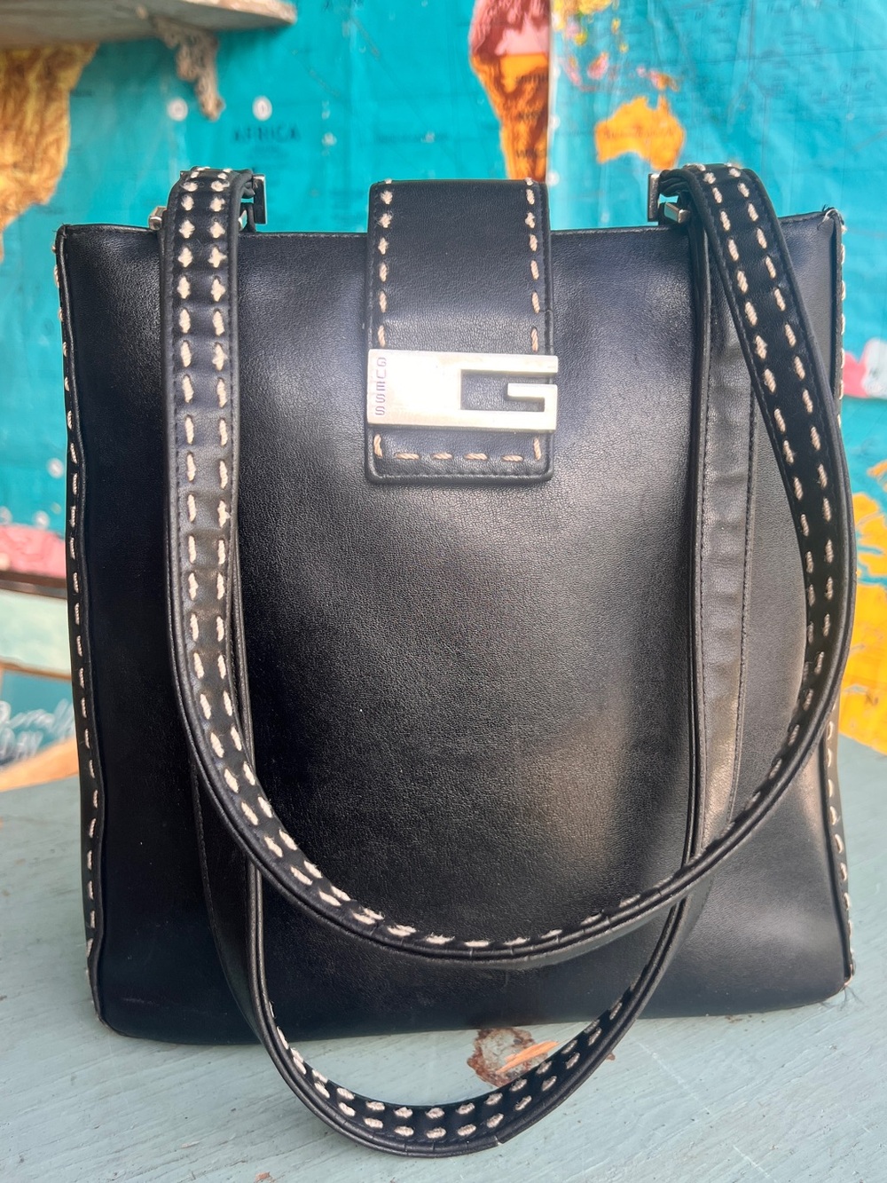 Guess Black Shoulder Bag with White Contrast Stitching